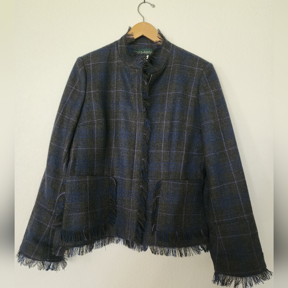 Harve Benard Navy Plaid Fringe Blazer